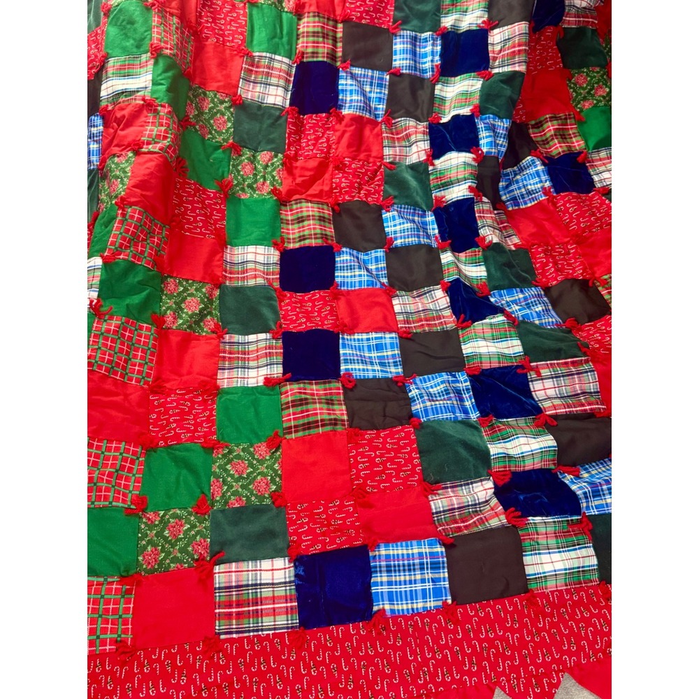 Handmade Christmas Patchwork Quilt Plaid Velvet Candy Cane Holiday Throw 48x48
